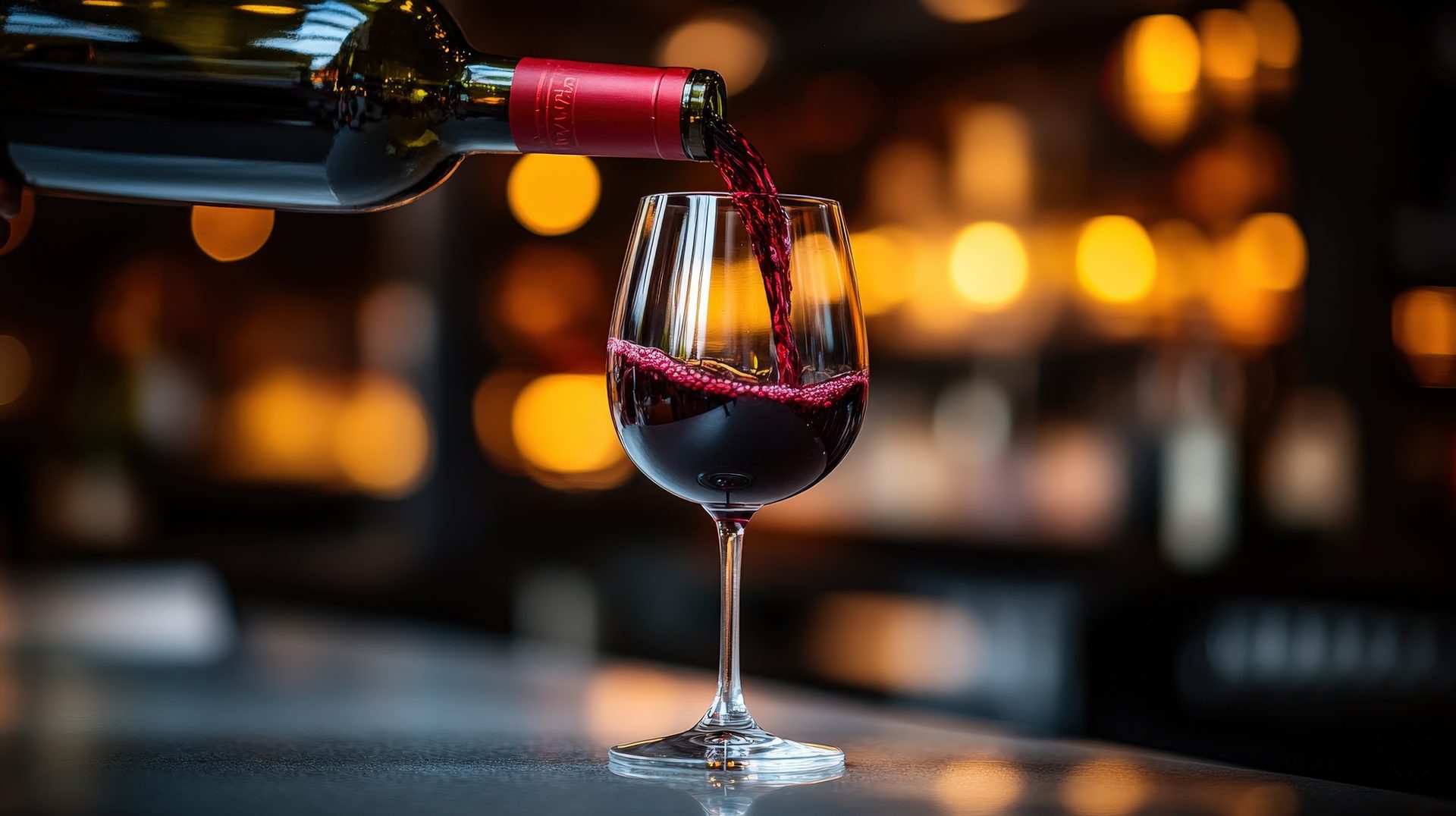 Red wine pouring into a glass at the bar